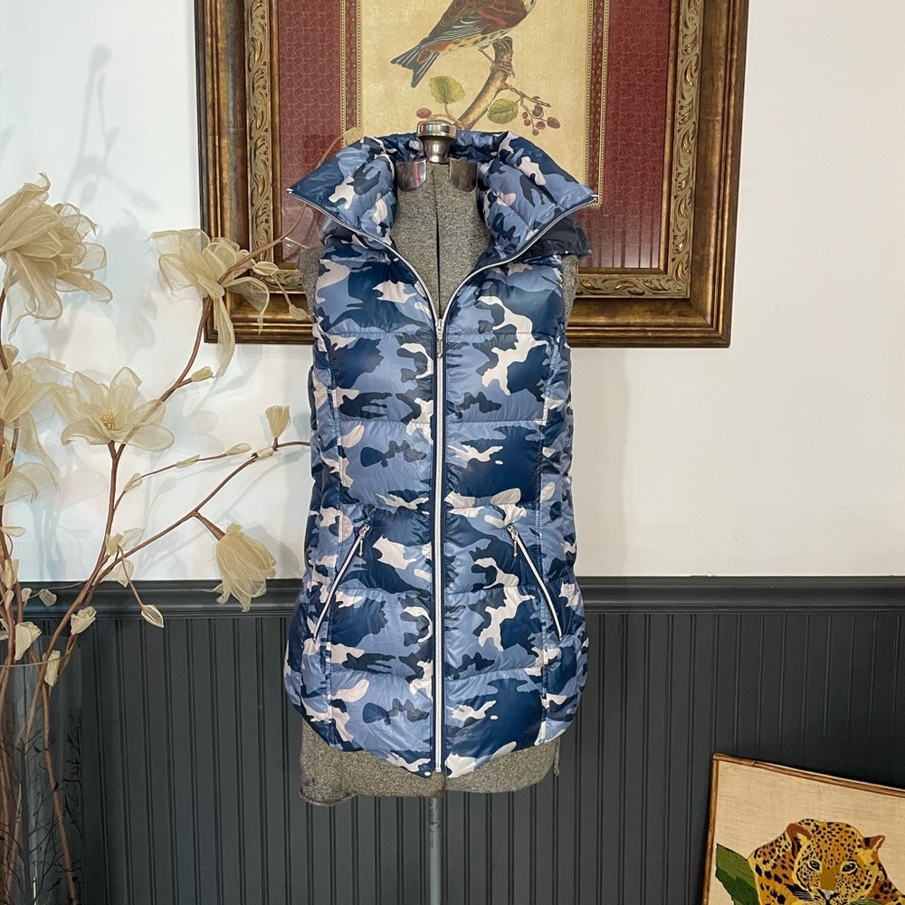 My Anorak Blue Camo Removable Hooded Duck Down Puffer Vest Outerwear Sz S 🧡